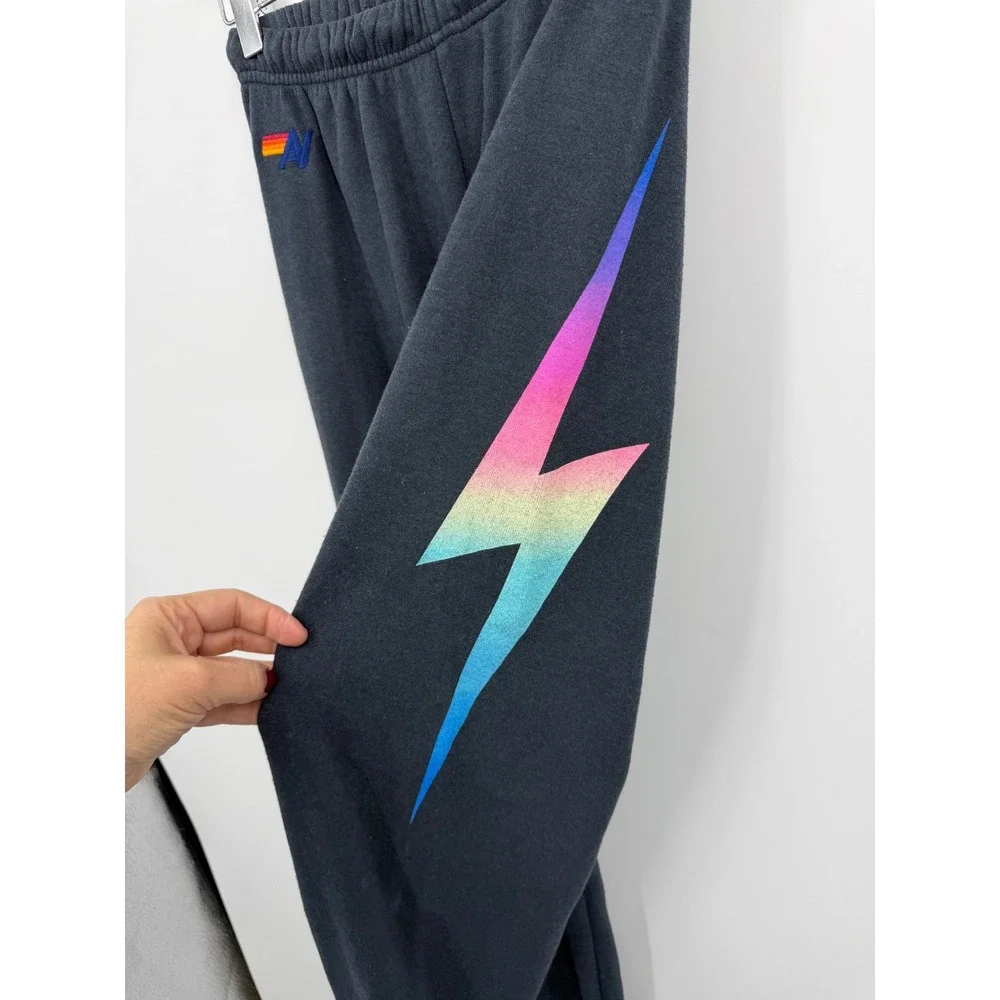 Aviator Nation Bolt Sweatpants Women Size S Charcoal Grey Rainbow Joggers